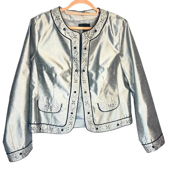 SILKLAND Woman’s Silver Silk Embellished Jacket  14  Glam Regency WhimseyGoth - Picture 2 of 6
